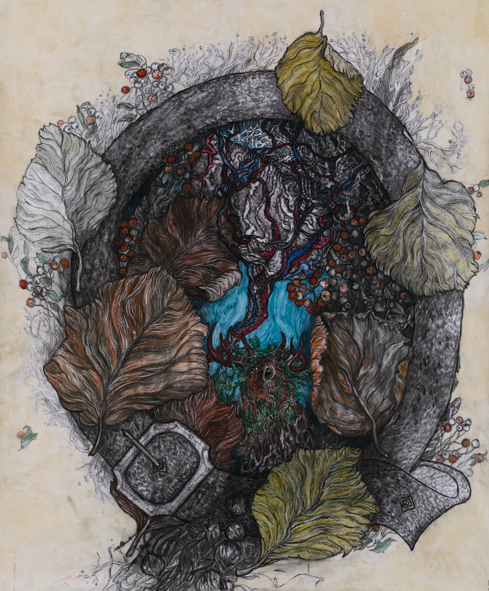 Lime leaves, rowan, sclerotic heart and deer in buckled belt