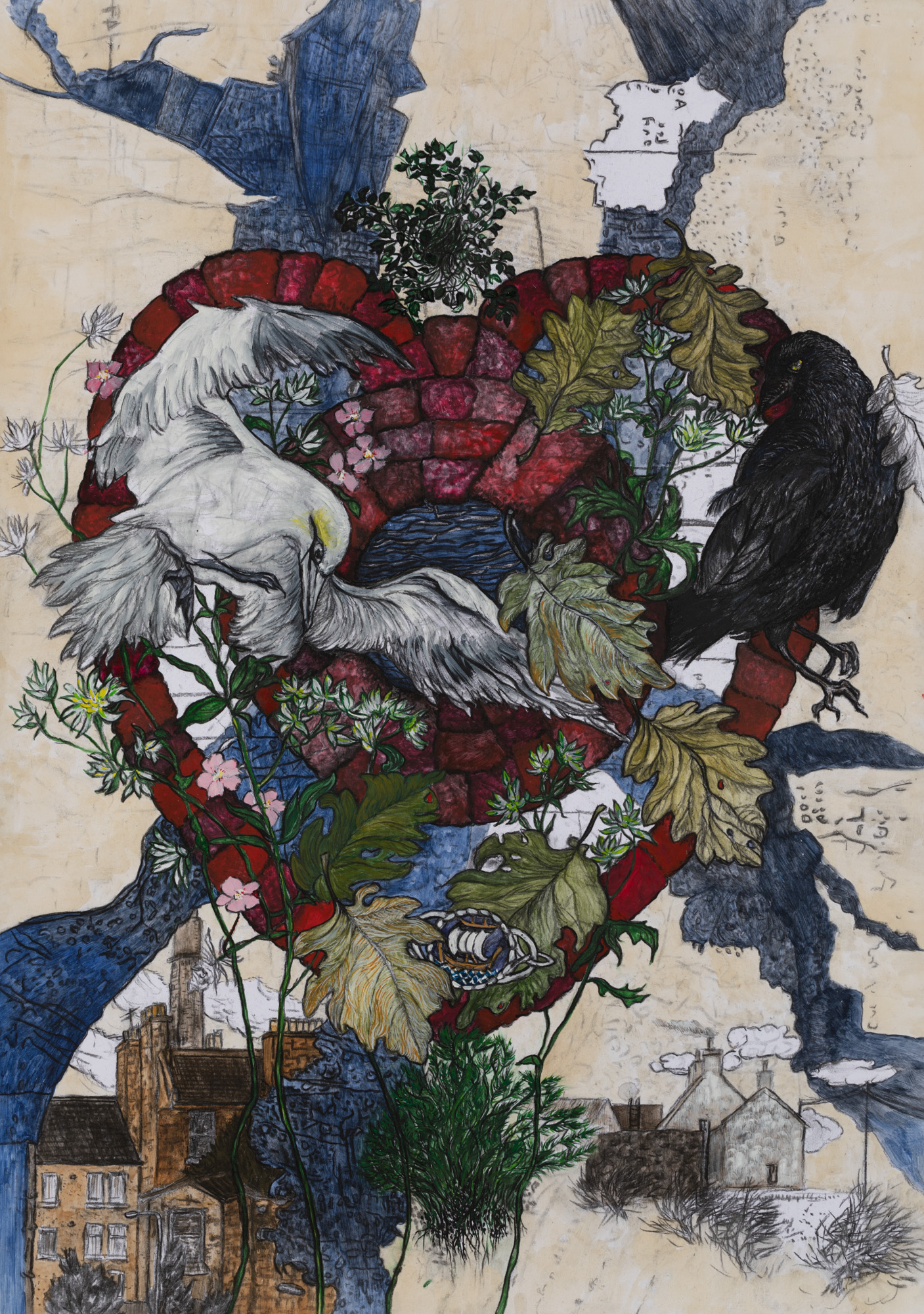 Gannet and jackdaw with heart, map, oak leaves, croft and tenement.