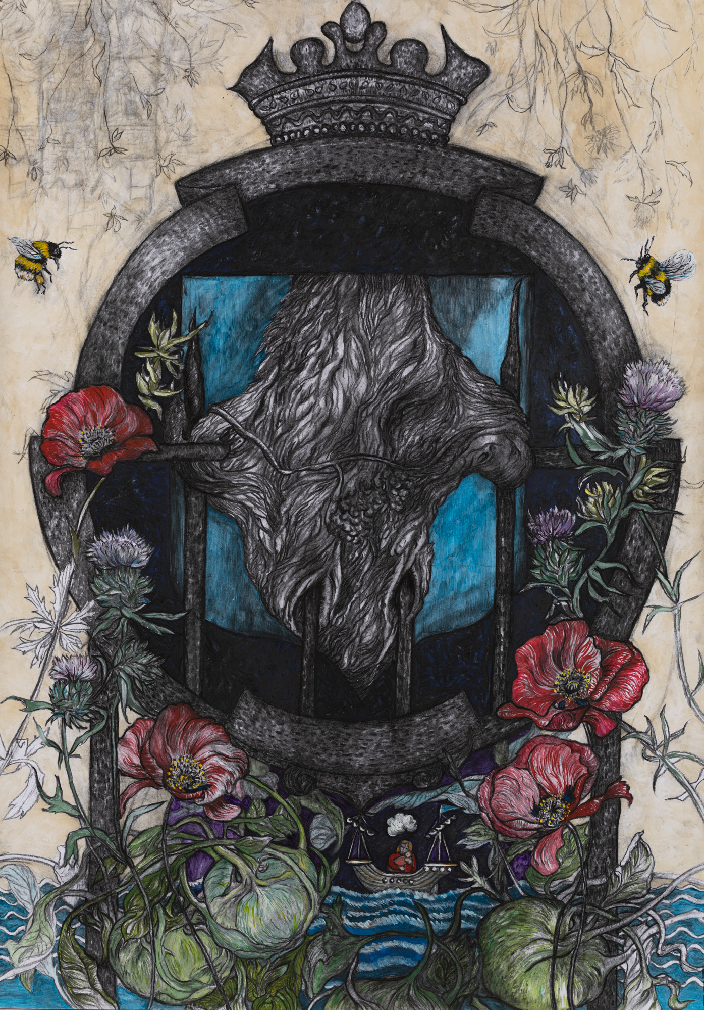 Heart-like tree in a shield with poppies, thistles, bumblebees and boat.