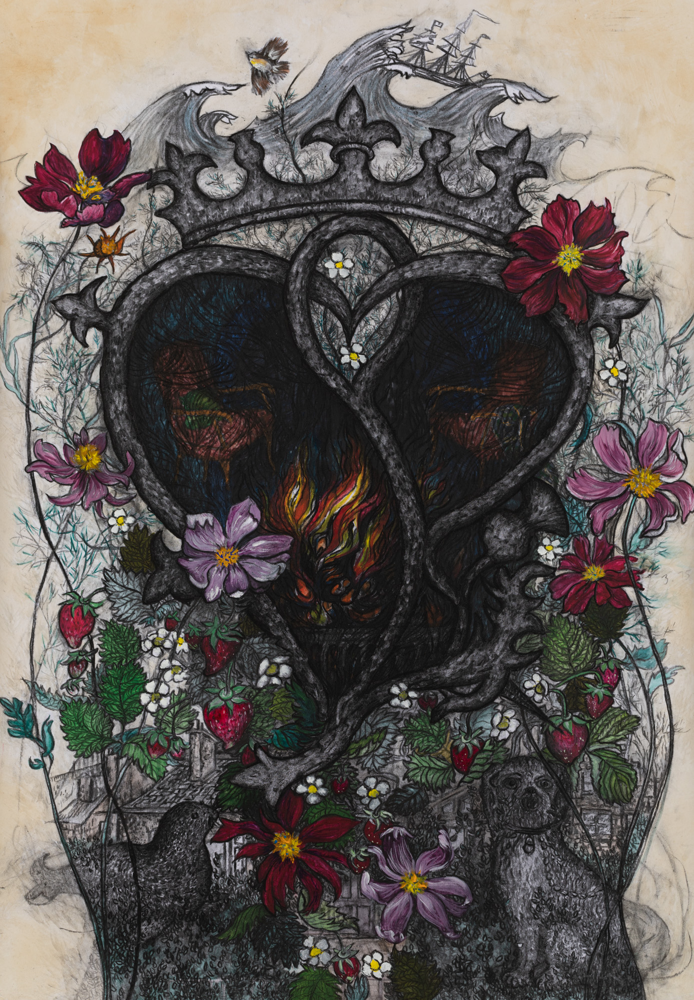 Anenomes,strawberries and fireside chairs with stormy sea and luckenbooth heart.