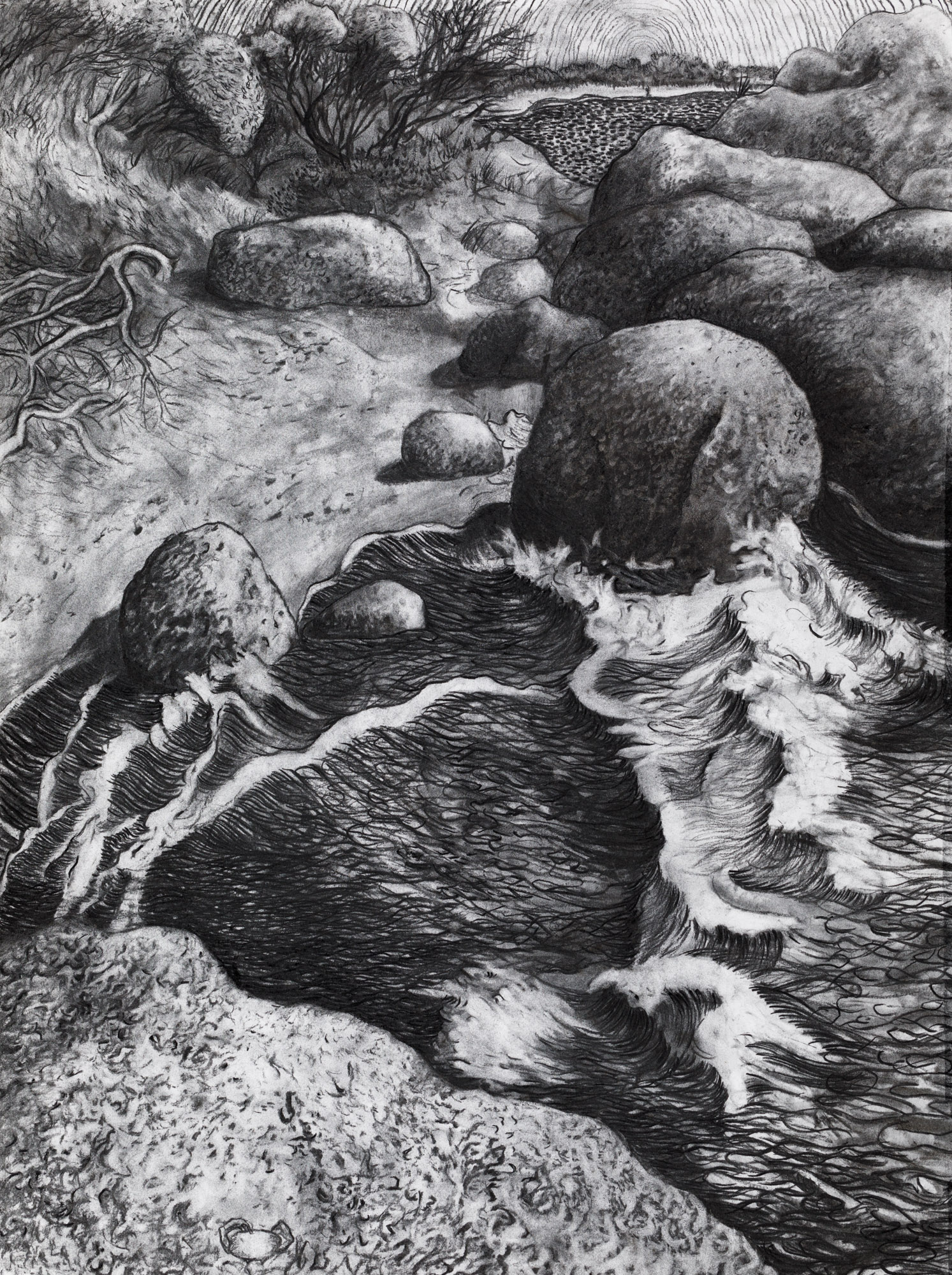 Granite boulders, distant beach, small waves